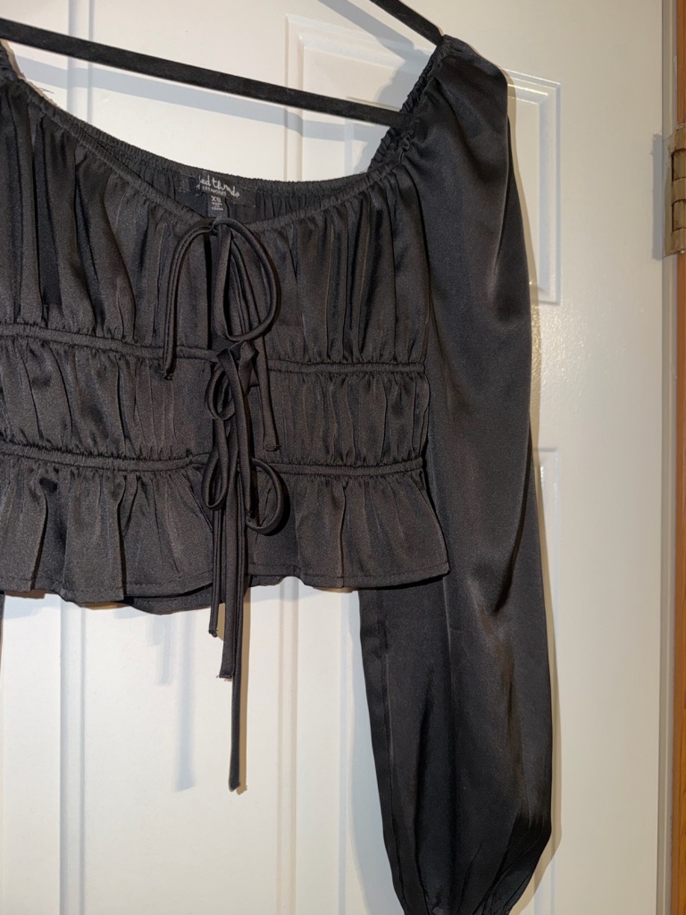 Black Satin Peasant Crop Top with Tie Front